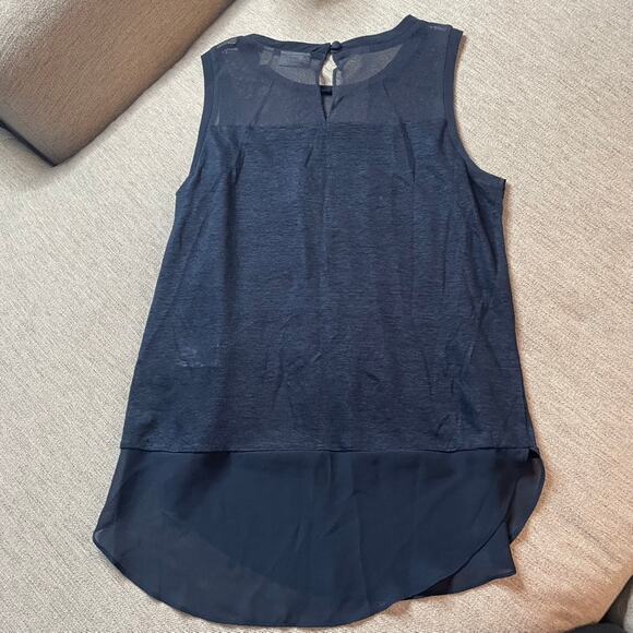 DKNYC Navy Blue Mesh Sleeveless Tank Top Small High Low Multi Fabric Work Office - Picture 3 of 4